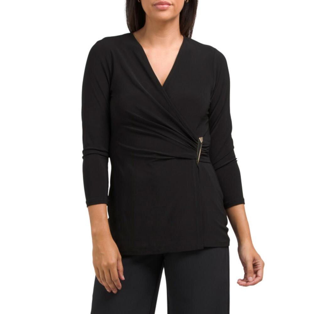 NWT Anne Klein Women's V-Neck Three Quarter Sleeve Faux Wrap Top Blouse